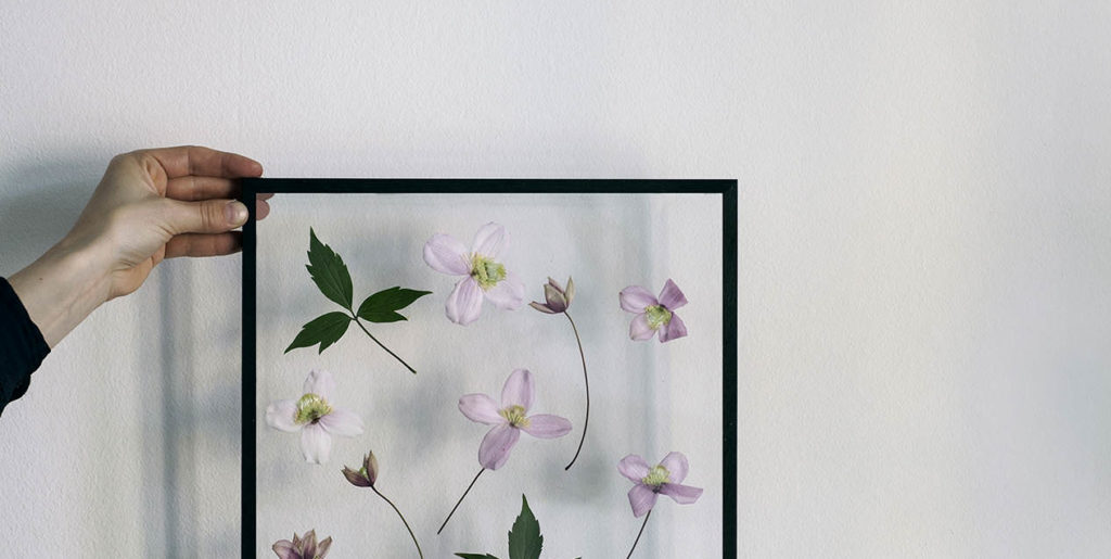 Wechselrahmen mit lila Blumen auf weißer Wand, elegantes Wohnaccessoire für stilvolle Innenräume