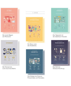 Sechs illustrierte Infografik-Posters im Flat-Design-Stil für lokaldesign.de mit humorvoller Stadtteilerinnerung