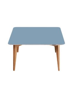 Eckiger blauer Couchtisch von Hafenholz mit pastellblauer Tischplatte und heller Eiche