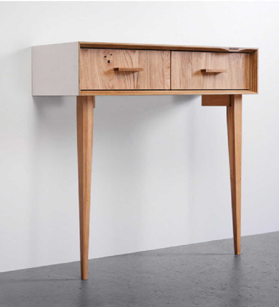 Wood desk with drawer and cabinet, featured in a modern room setup