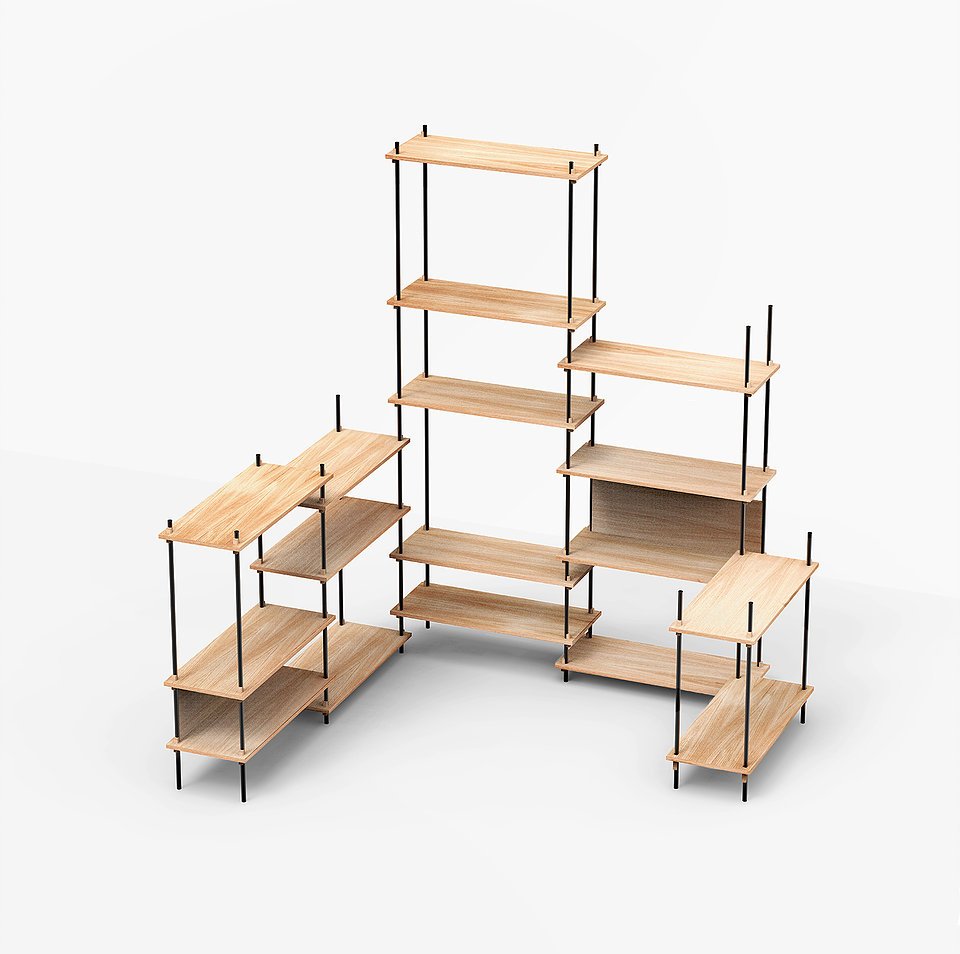 Modulares Holzregalsystem mit metallischem Gestell für flexibles Raumdesign
