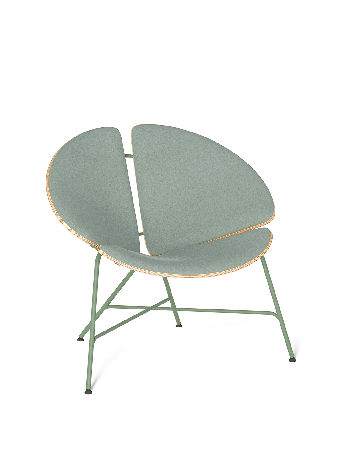 Moderner Designer-Sessel mit organischer Form und Salbeigrüner Polsterung auf weißem Hintergrund