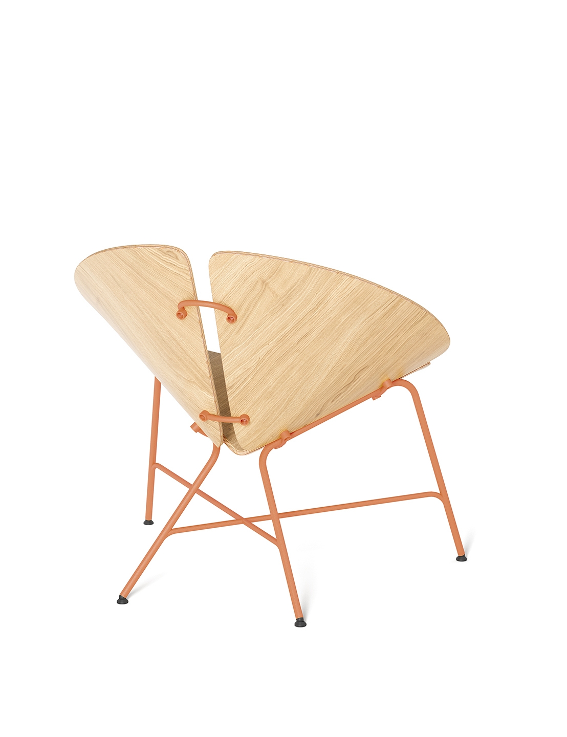 Moderner Designstuhl mit Sperrholz-Sitz und Rostrot/Stahlgestell, skandinavisch-minimalistisch