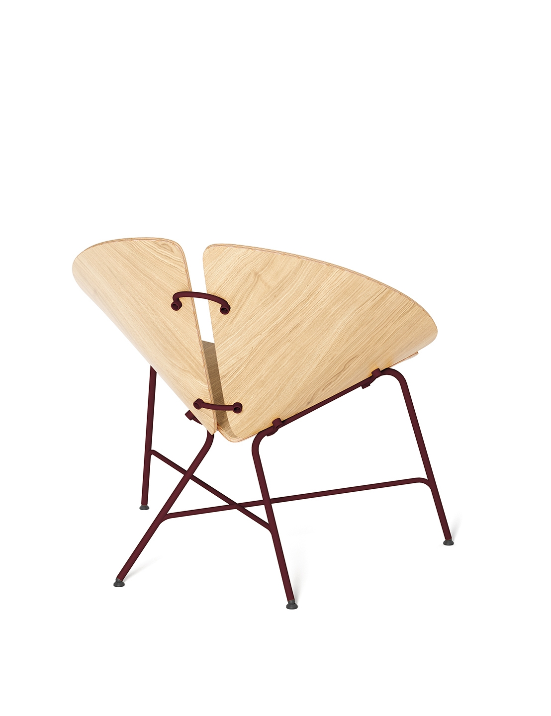 Moderner Designstuhl mit Sperrholzplatten und dunkelrotem Stahlgestell