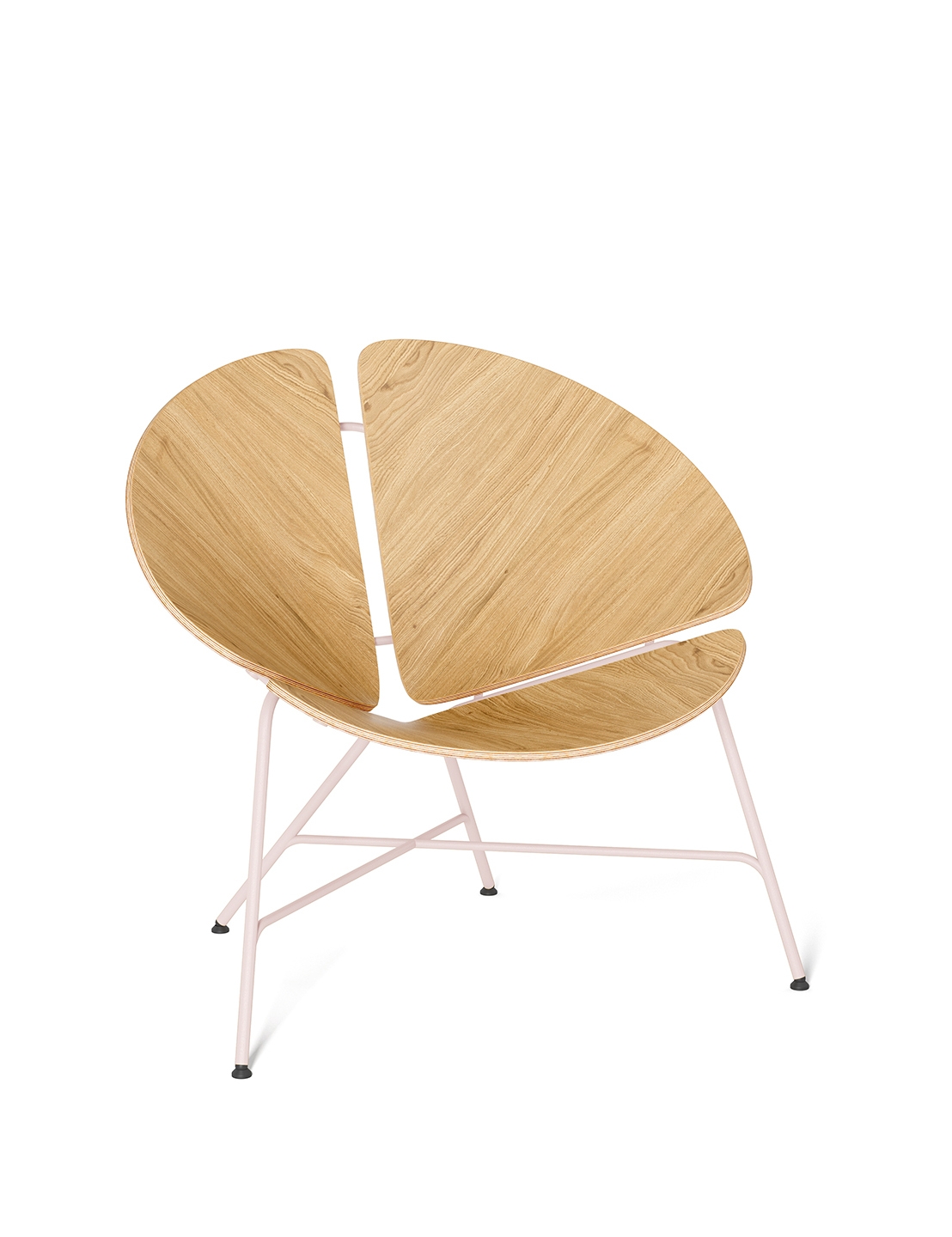 Moderne Designstuhl aus hellem Eichholz mit Rosé Stahlrahmen