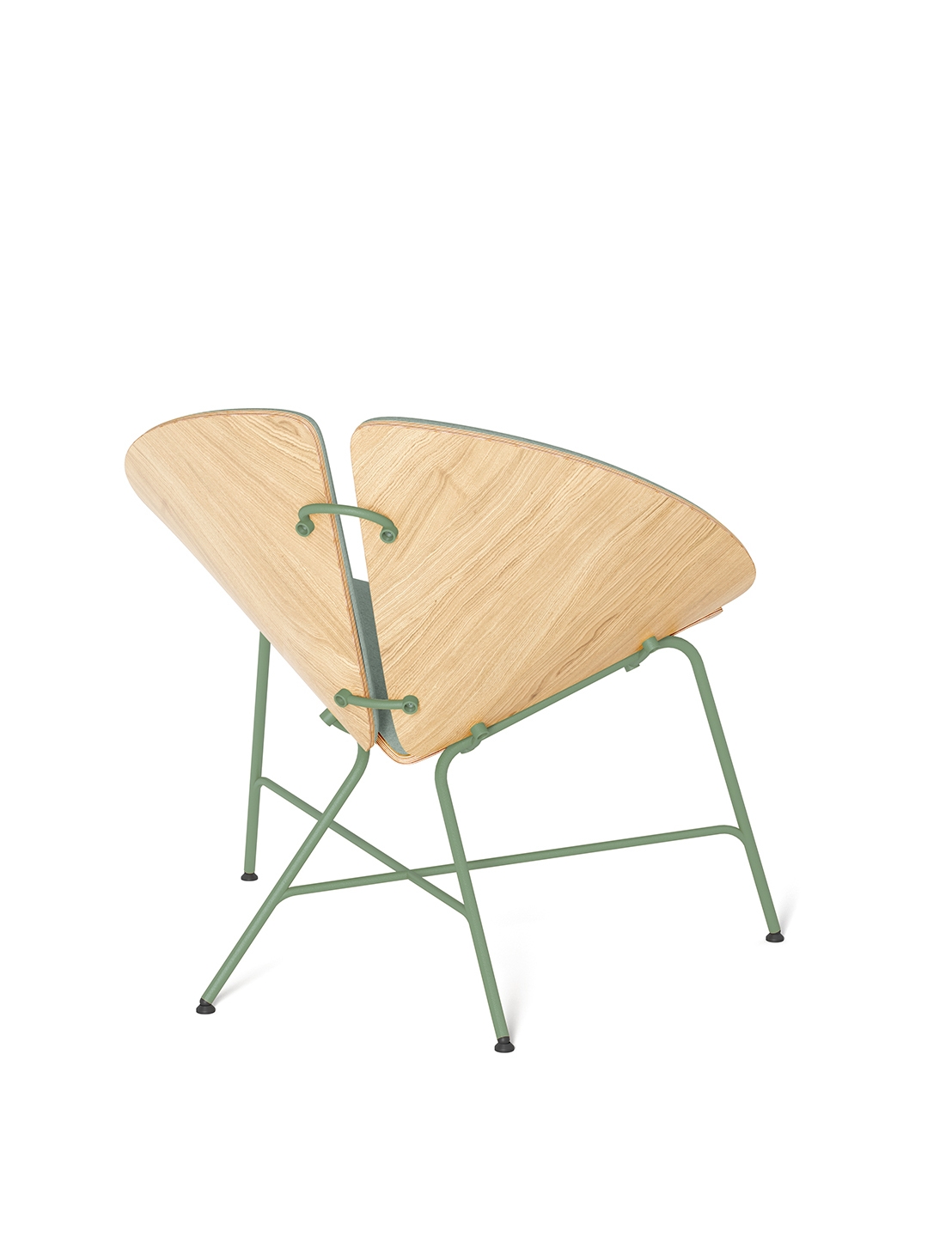 Moderner Designstuhl mit butterfly-förmiger Sitzfläche und Sage-Green Metallbügeln auf weißem Hintergrund