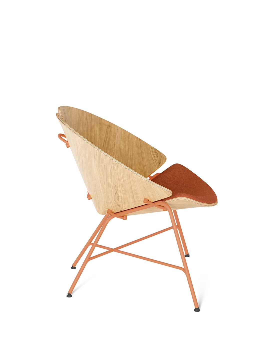 Moderner Designstuhl mit organischer Form, Eschenholz und terracotta-Polsterung auf weißem Hintergrund