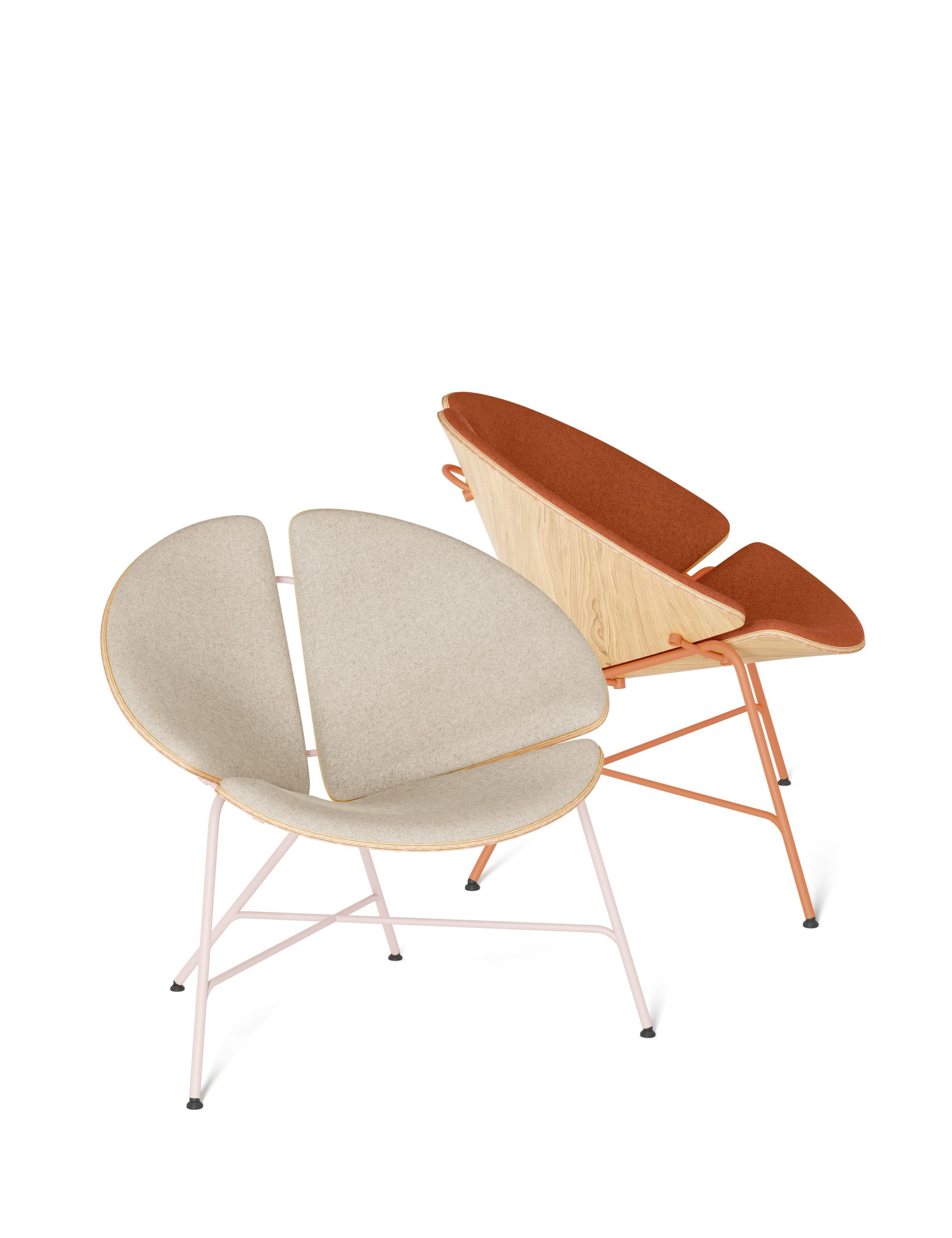 Moderne Designer-Sessel mit Escheholz und rosé-getönten Metallgestellen
