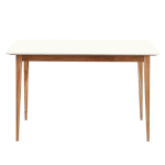 Eleganter minimalistischer Esstisch mit warmem Holz und cremefarbener Tischplatte