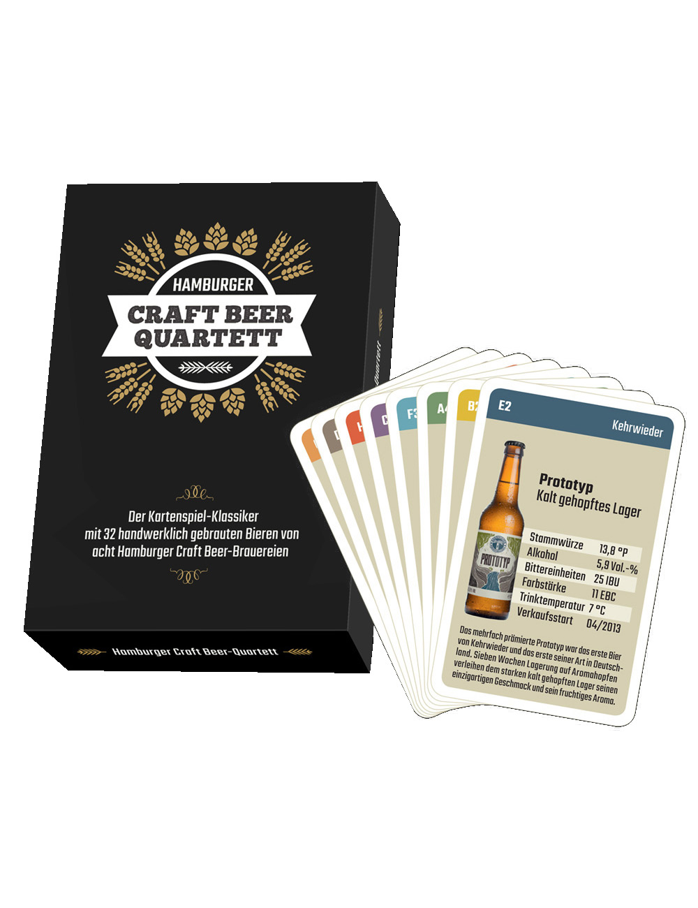Ein Kartenspiel-Set "Hamburger Craft Beer Quartett" mit 32 Bieren, farbigen Tabs und goldenem Logo