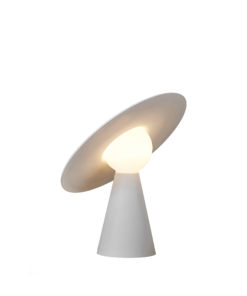 Moderna Tischleuchte mit weißem Sockel und taupefarbenem Schirm in minimalistischer Gestaltung