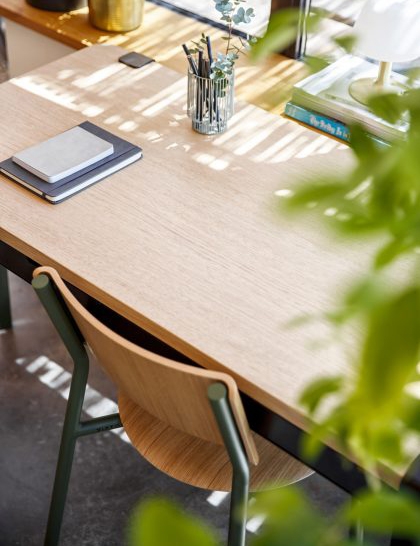 Moderne Arbeitsplatzdekoration mit Holztisch und grünen Pflanzen