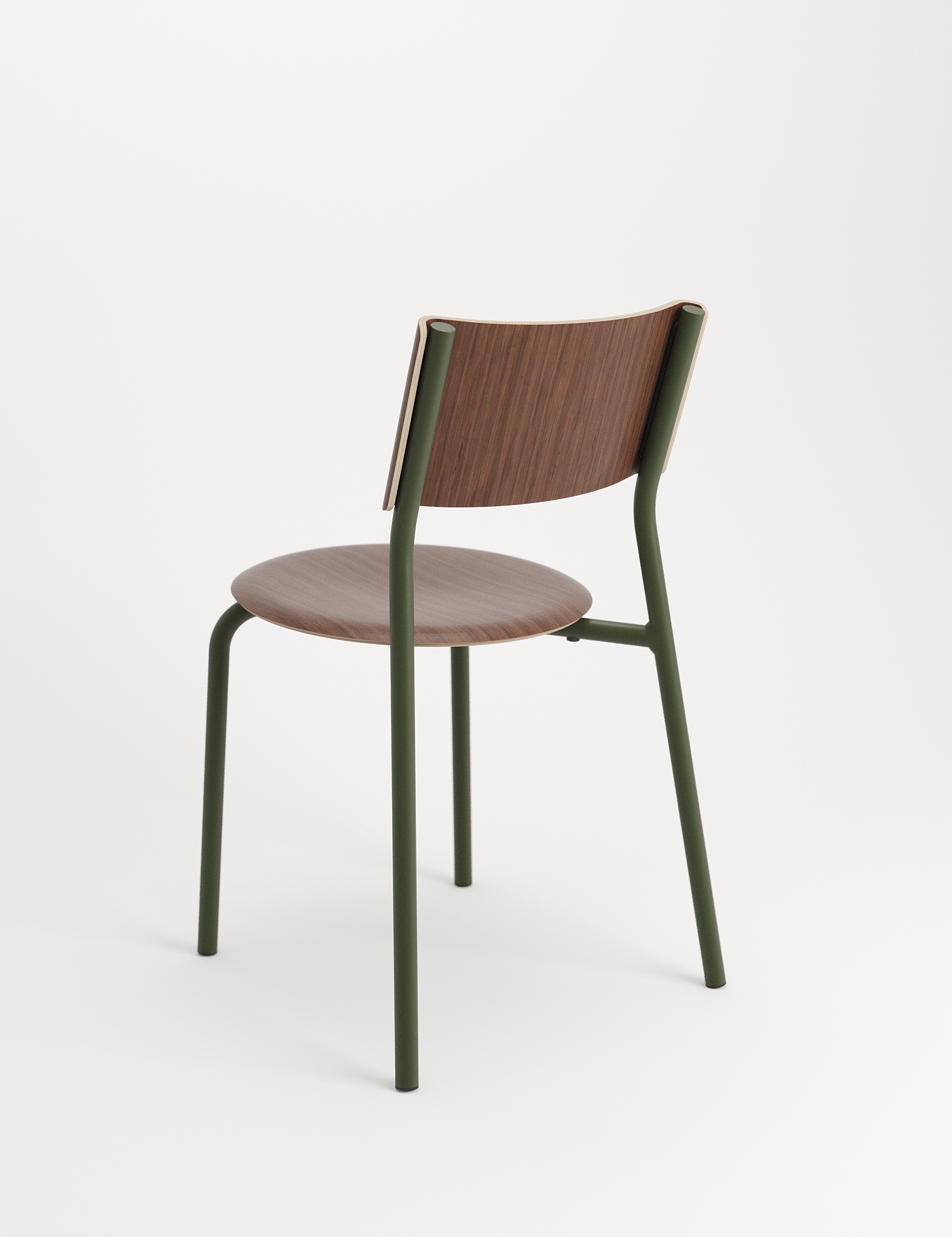 Moderner Designstuhl TipToe in Grünton mit dunkelholzener Sitzfläche auf weißem Hintergrund