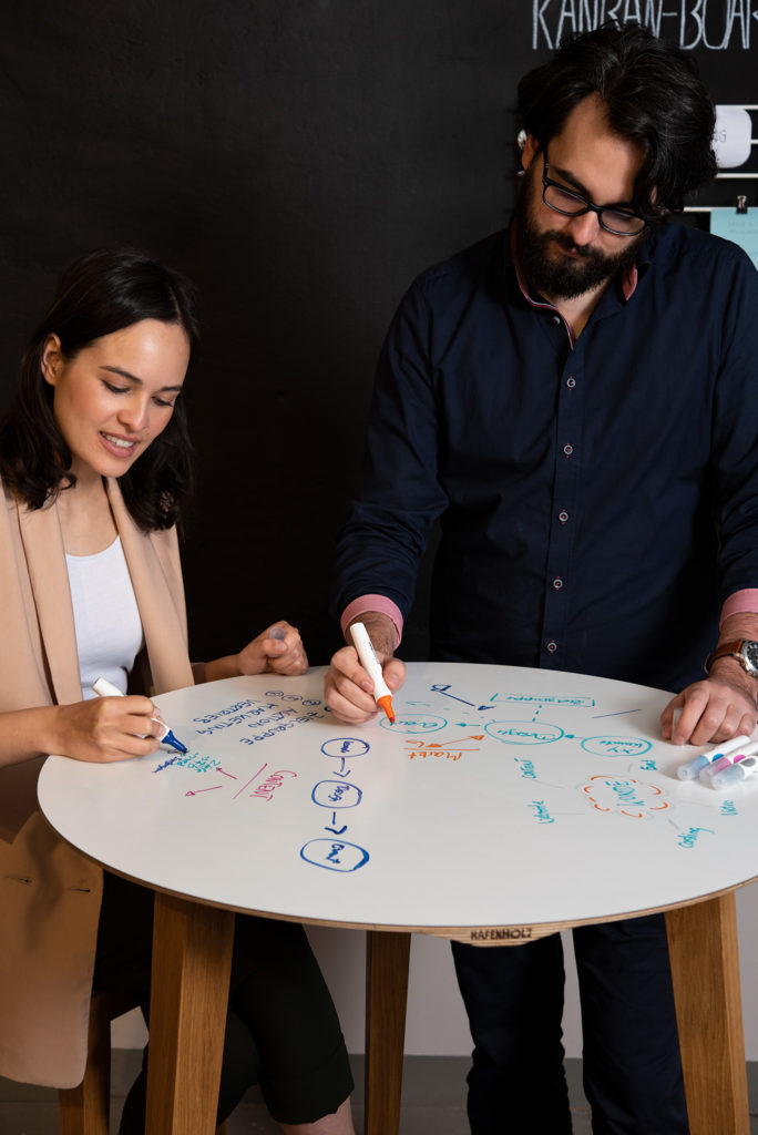 Zwei Personen an einem Whiteboard-Tisch mit Holzgestell, sie skizzieren ein Konzept-Diagramm mit Markern