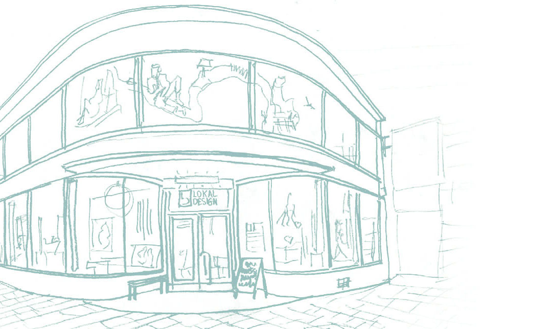 Skizze eines modernen Concept Stores mit gekrümmten Glasfassaden, Designmöbeln und Wohnaccessoires