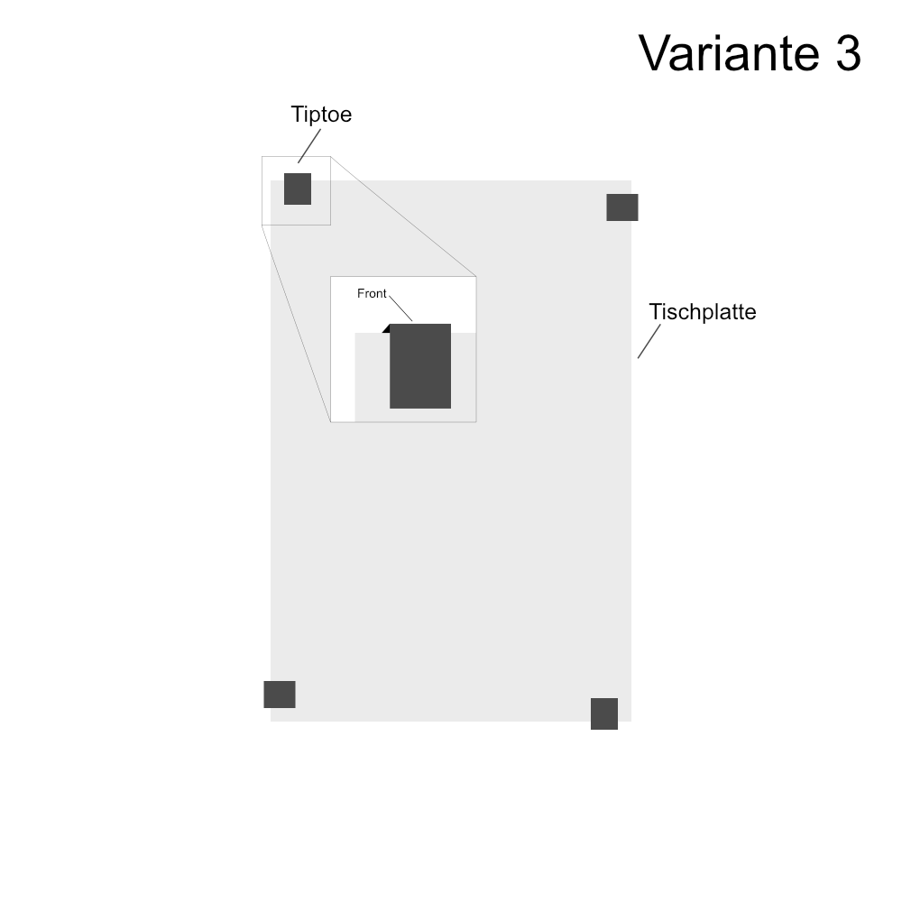Möbelkonfiguration mit Tischplatte, schwarzem Front-Element und minimalistischem Gestell in Grau-Schwarz-Farben