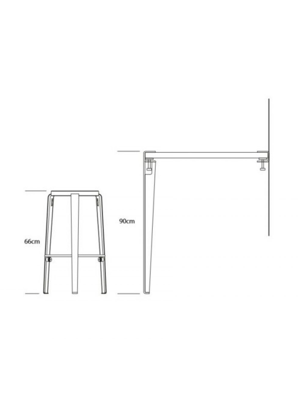 Moderner Barhocker und Bartisch in technischer Zeichnung ohne Farbgebung