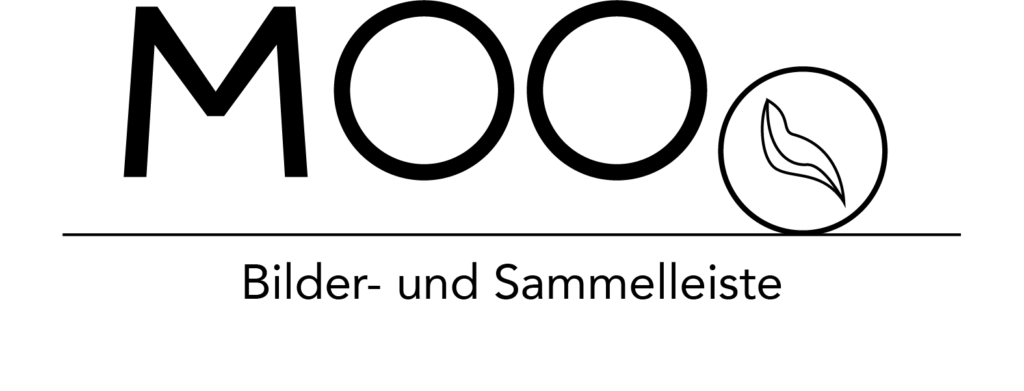 Minimalistisches MOOO Logo mit schwarzen Kreisen und Blattmotiv auf weißem Hintergrund