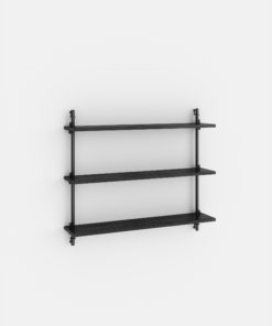 Ein schwarz lackierter Wandregal mit zwei Regalen an einer weißen Wand