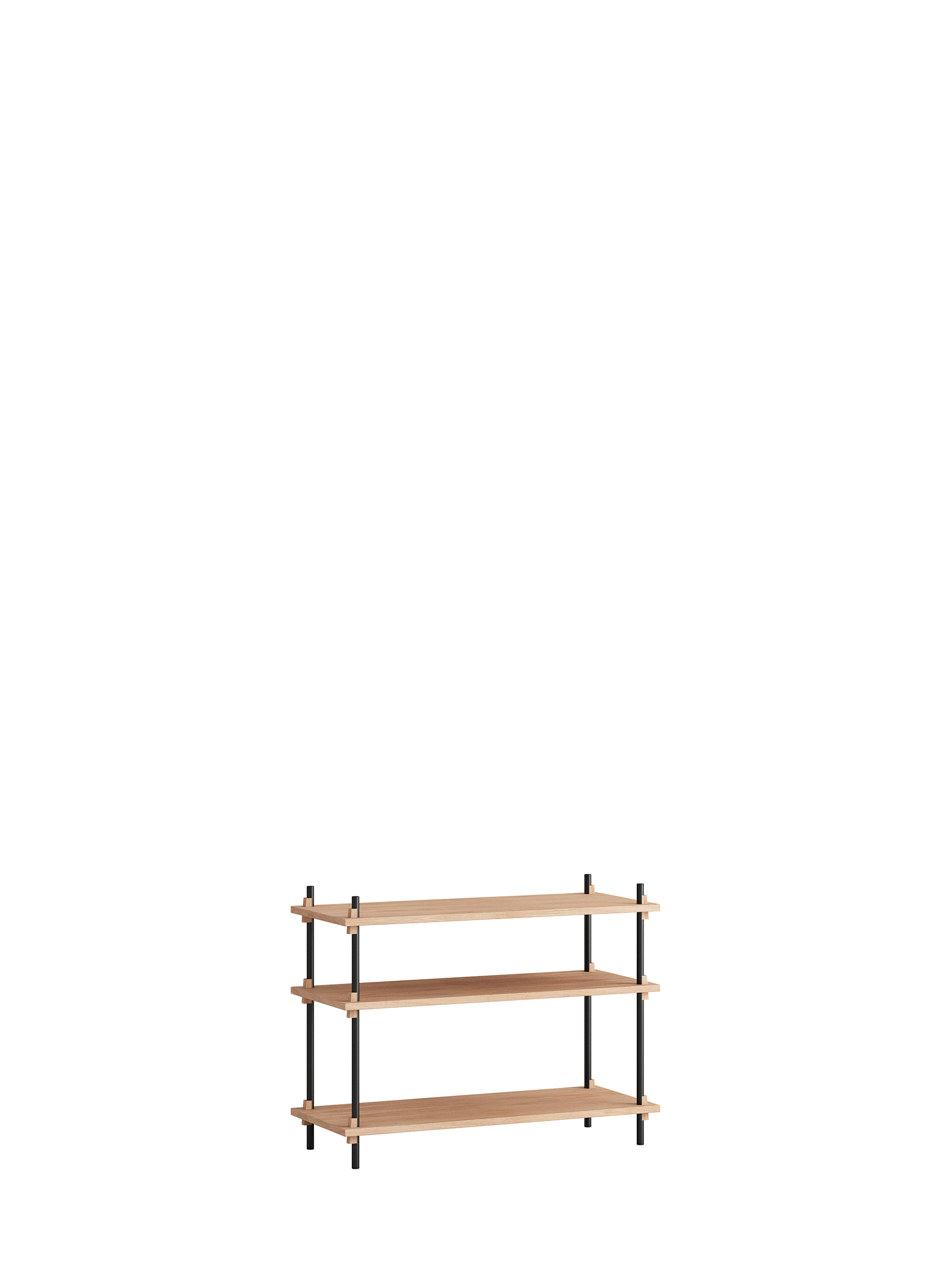 Holzregal mit schwarzem Stahlbein auf weißer Wand