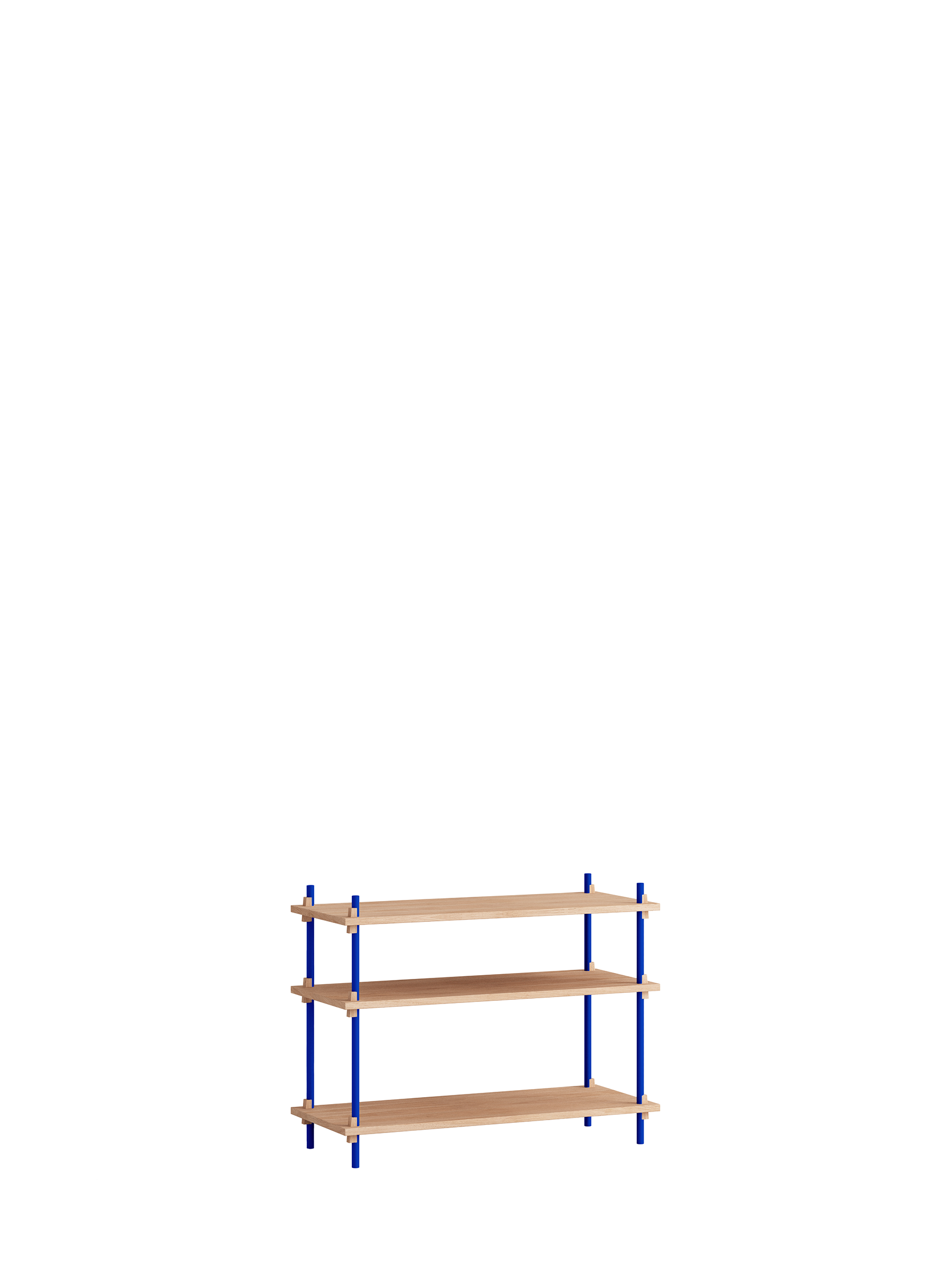 Modernes Wandregal in Holz mit stahlblauen Ständern, skandinavische Ästhetik