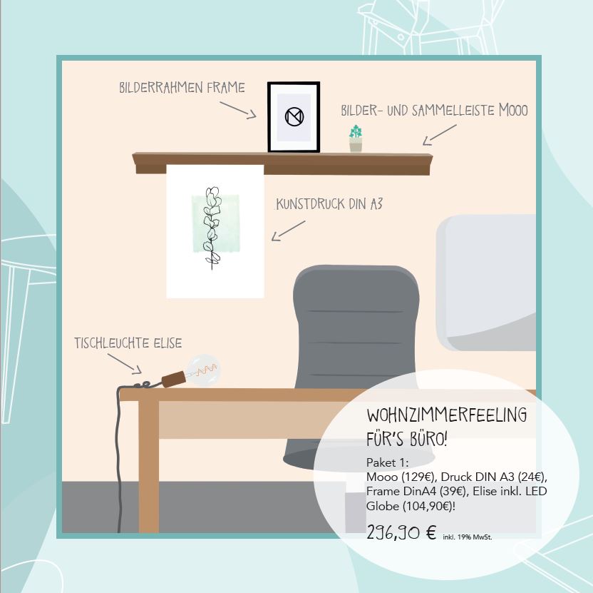Holzschreibtisch und schwarzer Bürostuhl in einem gemütlichen Arbeitszimmer mit deutschem Poster