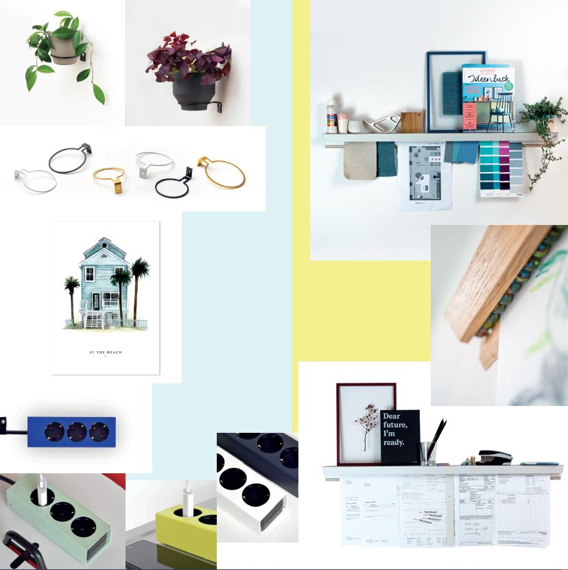 Mood Board Lokaldesign mit Farben, Accessoires und Designelementen für modernes Wohnzimmer
