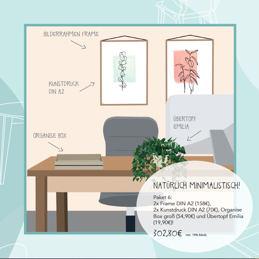 Stilvolles Workspace-Paket mit Holzkommode und Pflanze