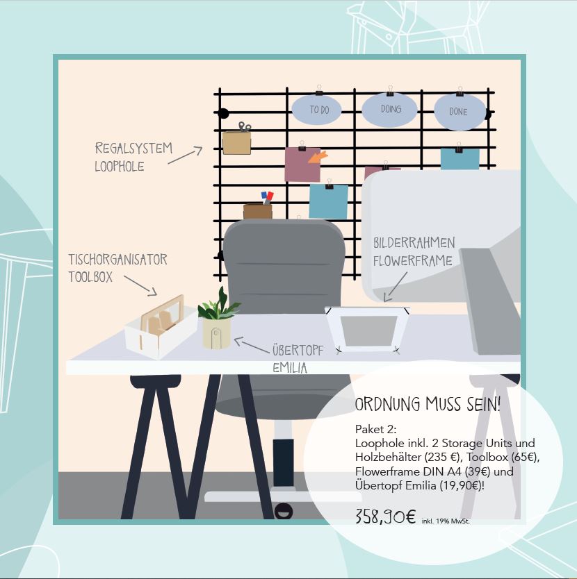 Moderner Bürospace mit Schreibtischkombination, Accessoires und ordentlicher Gestaltung