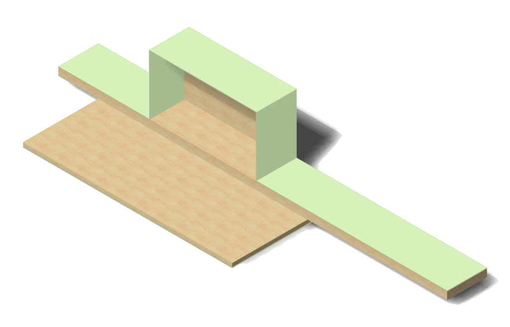 Isometrisches Rendering minimalistischer Holz-und-mintgrüne-Sitzmöbel mit klarer Formgebung