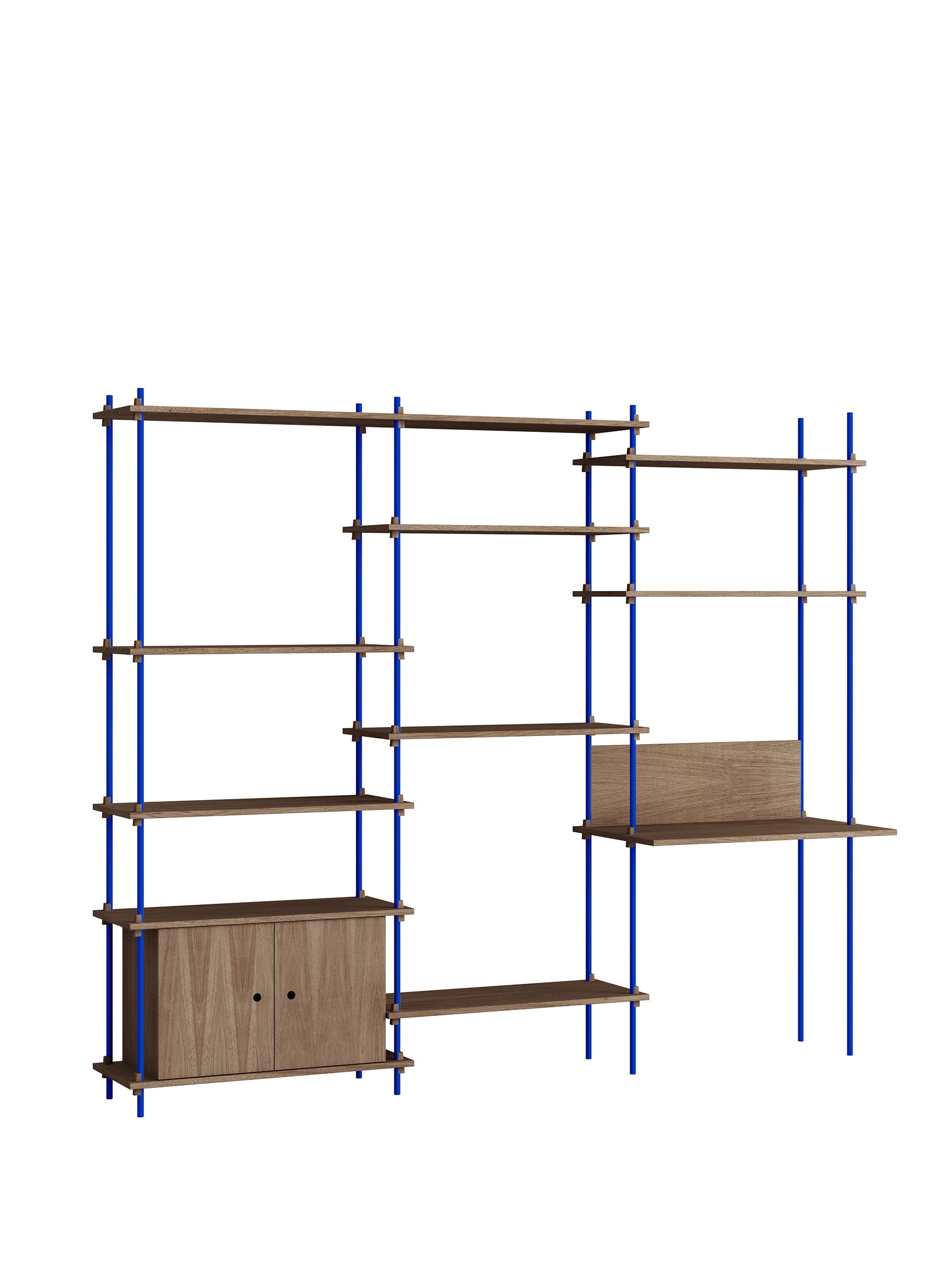 Holzregal mit blauen Stützen und brauner Anrichte darunter