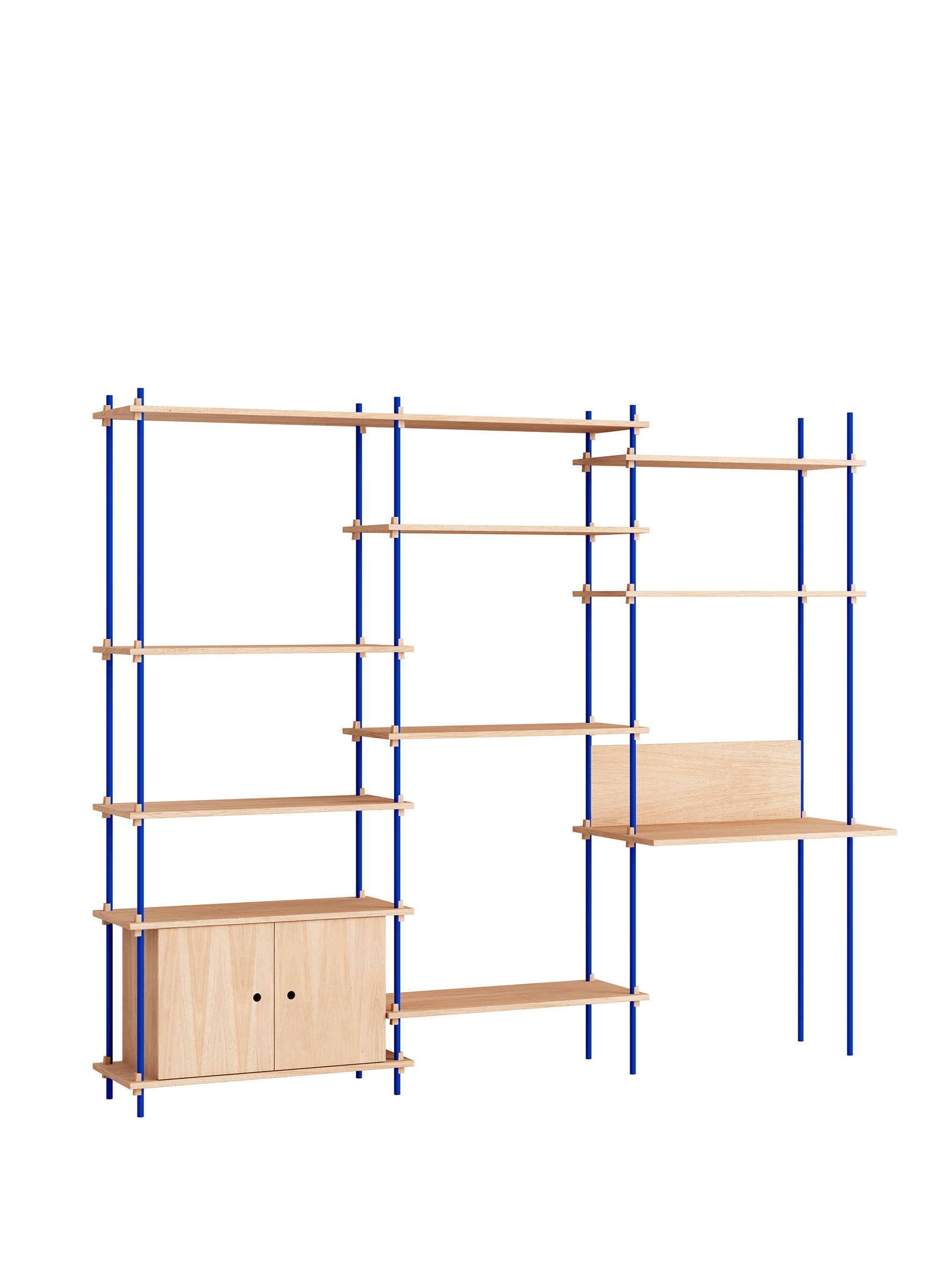 Modulares Regalsystem mit kobaltblauen Metallrahmen und heller Eiche