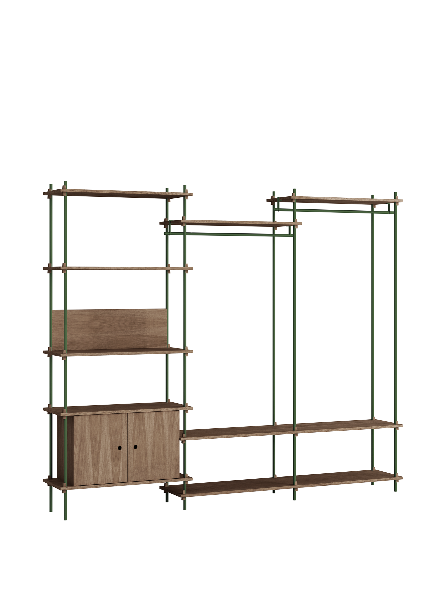 Modulares Regalsystem aus Braunen Stahl und Geraufschlagenem Schmalholz in Smoked Oak mit Pine Green Kontrastierung