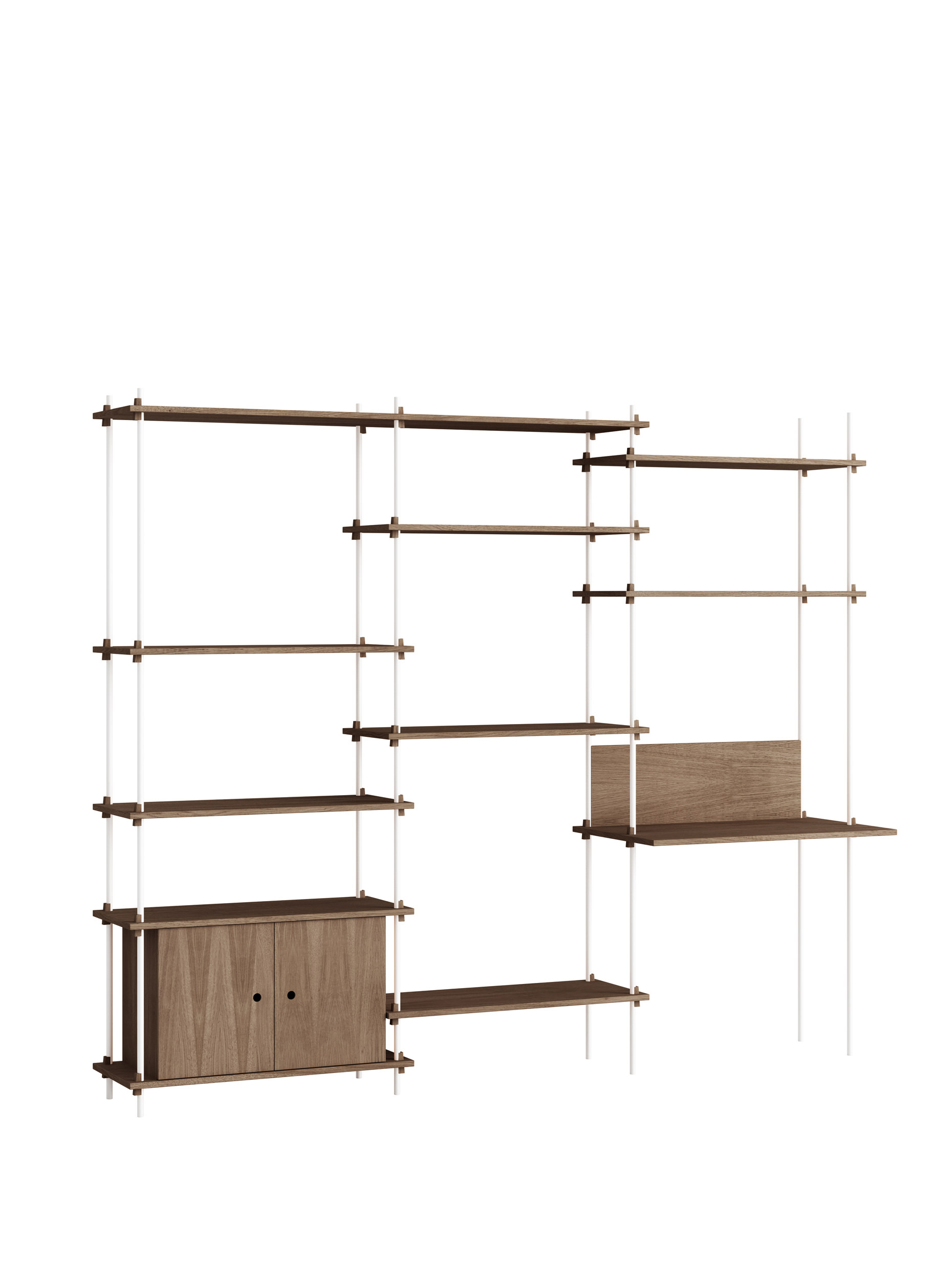 Modulares Wandregal-System in Walnuss/Eiche mit weißen Kabeln und Holzstangen