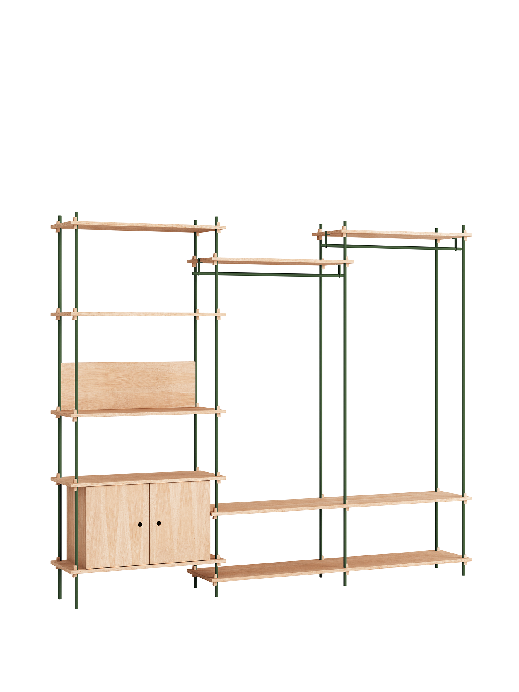 Holzregal mit grünen StahlUPPORTEN
