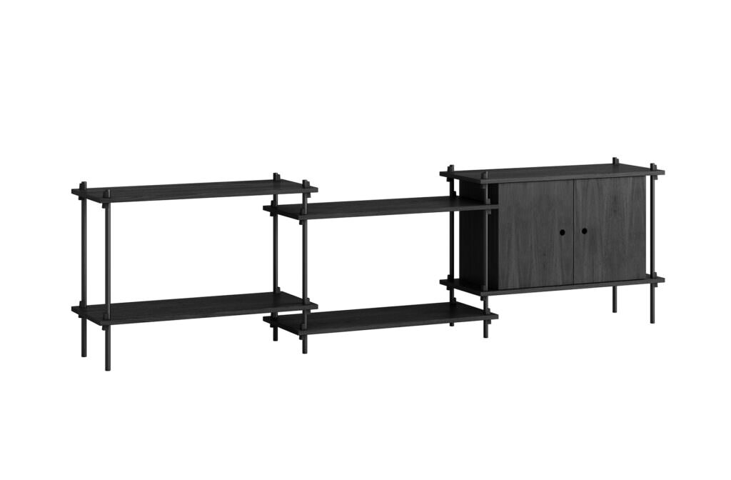 Schwarzmetallregal mit hölzerner Schublade in weißer Wohnungseinrichtung