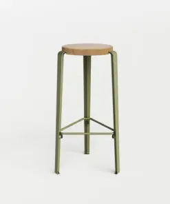 Industrial Design Barhocker Lou aus massiver Eiche und olivgrünem Stahlgestell, nachhaltiges Designmöbel