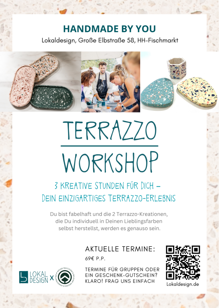 Werbung für Terrazzo-Workshop mit bunten Produkten wie Tellern und Schalen in einem minimalistischen Raum