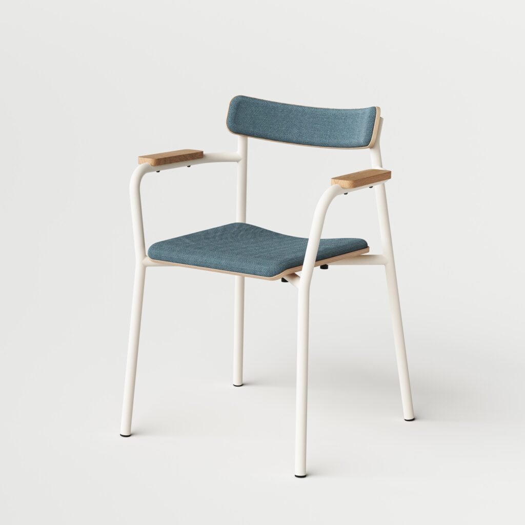 Weiße Tiptoe Etude Designmöbel mit blauen Sitzflächen, modernes Interior im minimalistischen Raum, nachhaltige Einrichtung
