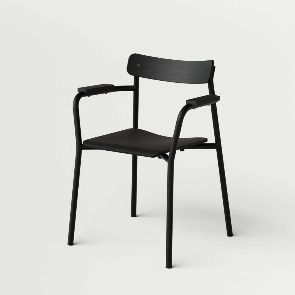 Moderner schwarzer Designmöbel-Stuhl von Tiptoe Etude in weißem Raum, stilvolle Interior-Einrichtung