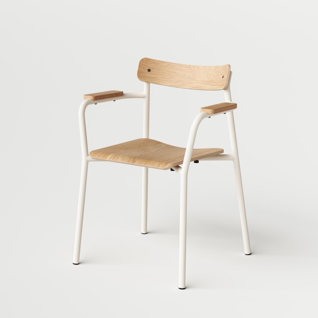 Weisser Designstuhl aus Eichenholz und Stahl