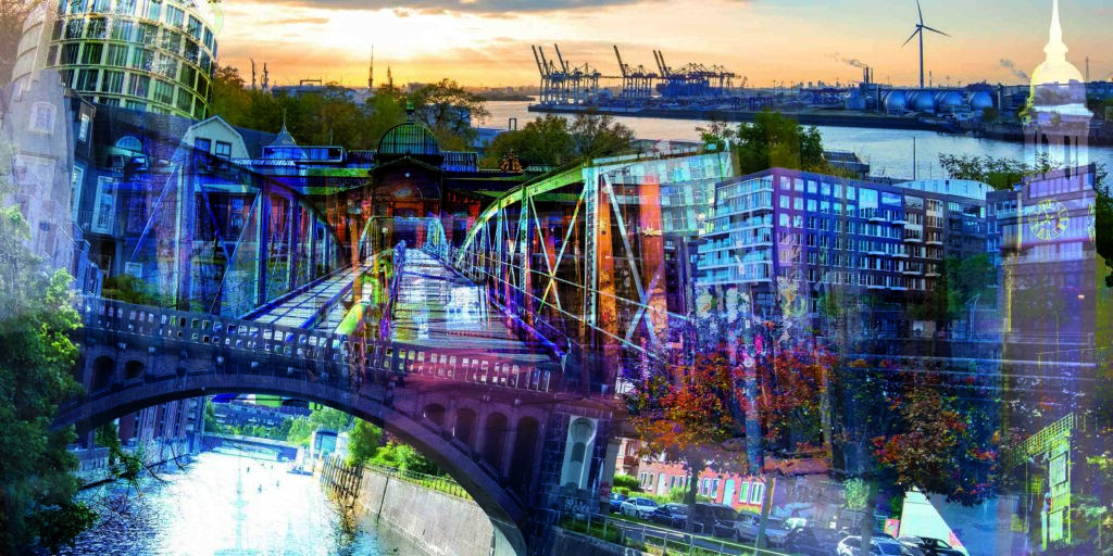 Bunte Stadtszene mit Hochhaus, Brücke und Radfahrer, lebendige Farben vermitteln urbane Atmosphäre