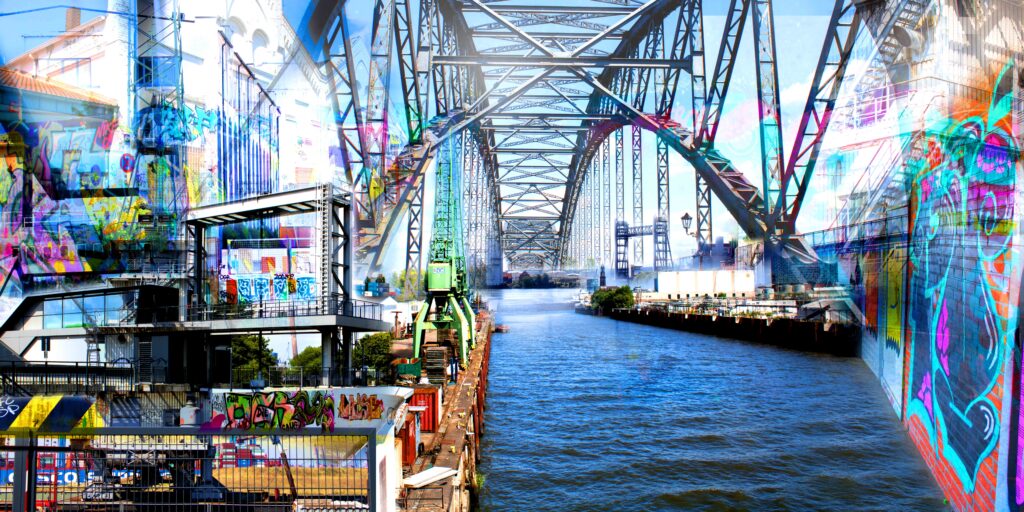 Urbane Hafenszene mit Stahlbrücke und neonfarbener Streetart als Inspiration für modernes Interior und Design in Hamburg