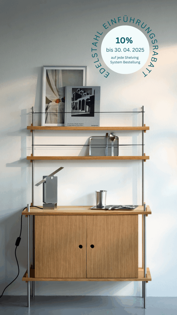 Modulares Shelving System aus Edelstahl und Eichenholz als vielseitiges Regal für nachhaltiges Interior