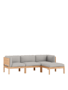 Modulares Ecksofa mit Chaise Longue, nachhaltiges Designmoebel aus hellem Holz und grauen Polstern