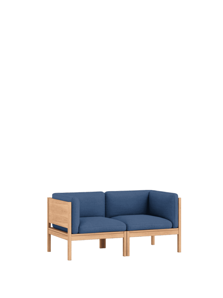 Modernes blaues Designmöbel Sofa aus Holz, nachhaltiges Design, elegante Form im minimalistischen Interior, Hamburg