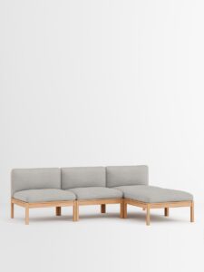 Modulares 3-Sitzer Sofa mit Chaise Longue aus Buche und grauem Leinen, nachhaltiges Designmöbel