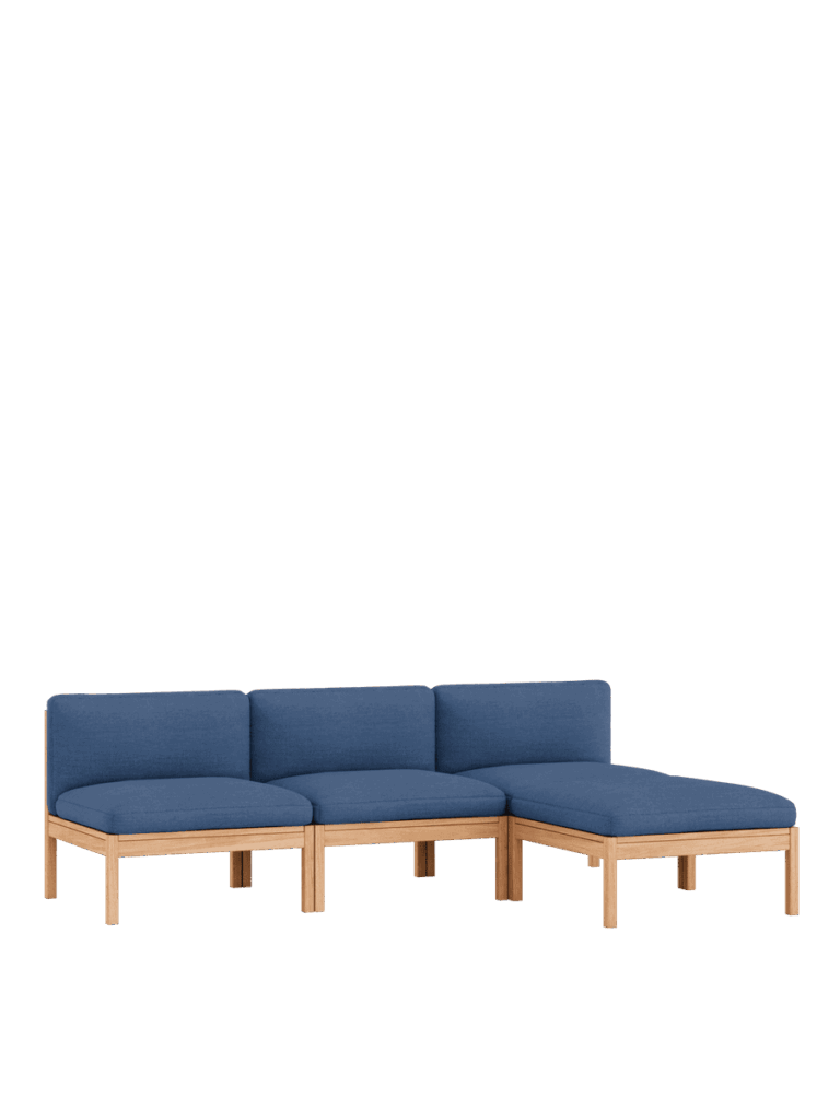 Blaues modulares Designmöbel‑Sofa aus Holz, elegantes Interior-Element für nachhaltige Einrichtung im Hamburger Concept Store