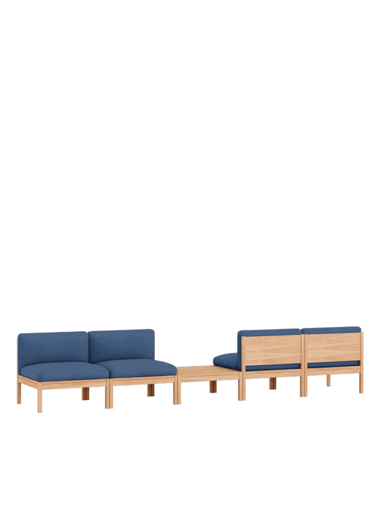 Modulares Sofa MOEBE mit Holzmodulen und dunklem Bezug, nachhaltiges Designmoebel für Interior