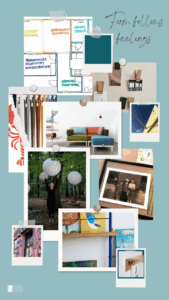 Collage aus Designmöbeln, Stuhl und Couch, Farb‑ und Materialproben sowie Wohnaccessoires in stilvollen Interior‑Szenen für